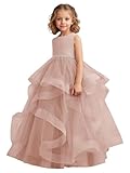 Dypaha Blush Pink Tulle Flower Girl Dress Satin Tiered Kids Wedding Garden Princess Ball Gowns Cute Little Girls V-Back Pageant Prom Birthday Party Bow Long Dress 4T