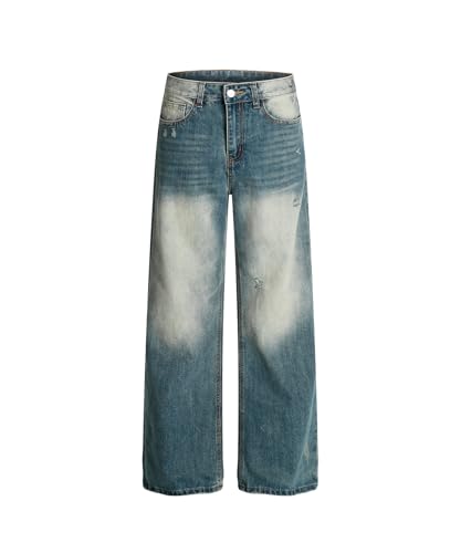 Unisex Vintage Distressed Wide Leg Jeans Washed Ripped Denim Pants for Casual Streetwear