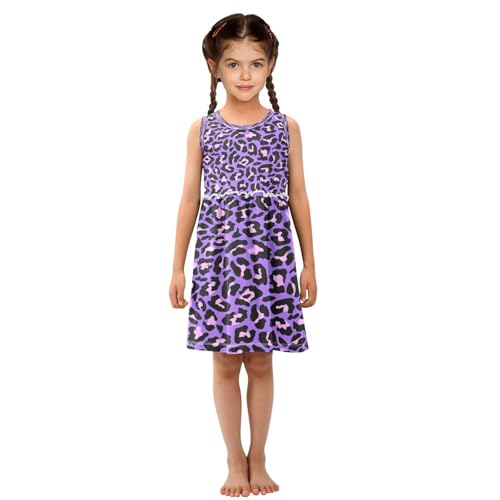 Girls Neon Purple Pink Leopard Dress Sleeveless Dress Summer Cotton Sundress 6Y4