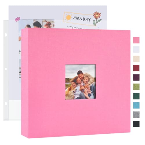 Mublalbum 12x12 Inch DIY Scrapbook Photo Album with 20 Plastic Sleeves 40 Pages Linen Cover 3 Ring Folder Binder for Wedding Baby Family and DIY Projects (Pink)