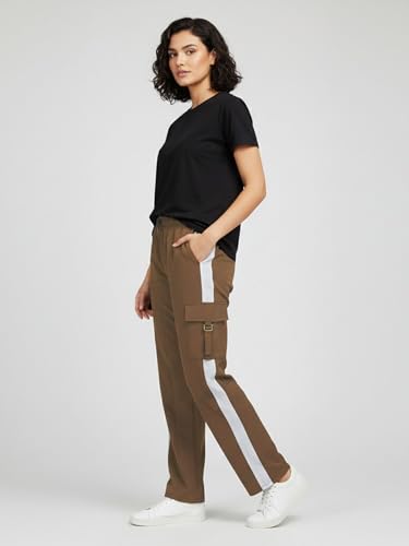 Image of ADDYVERO Women Lose Fitting Side Pockets Stripes Detailing High Waisted Casual Cargo Pant (Light Brown, 34)
