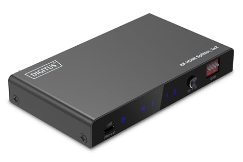 DIGITUS DS-55339 HDMI Splitter 1x2 - Input: 1 Port/Output: 2-Port - UHD 8K/60Hz HDTV: 7680 × 4320p - HDCP 2.3 & HDMI 2.1 - HDR, Deep Color, EDID Switch - Toslink, Stereo (3.5mm)