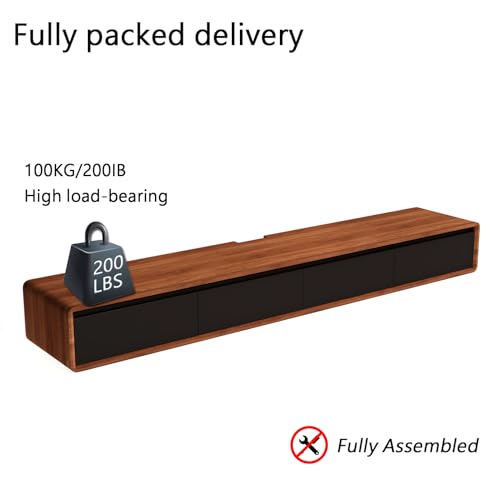 Floating TV Stand - Wall Mounted Media Console with 2 Flip-Down Doors & 2 Drawers Entertainment Center TV Cabinet, Video Shelf for Home Room (Walnut & Black, 62.99x7.87x9.45IN) - Image 6