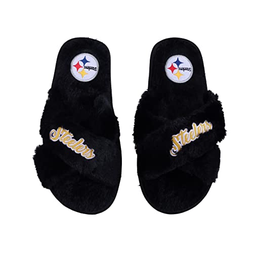 Image of FOCO Womens NFL Team Script Wordmark Fuzzy Cross Slide Slippers