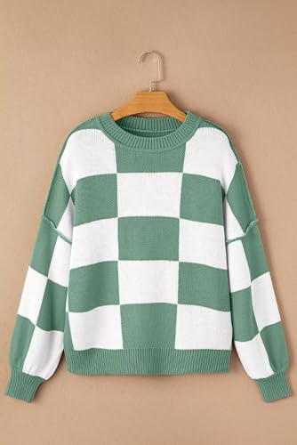 Image of Women's Casual Crew-Neck Long Sleeve Sweater Checkered Pullover Knit Sweaters Jumper Top