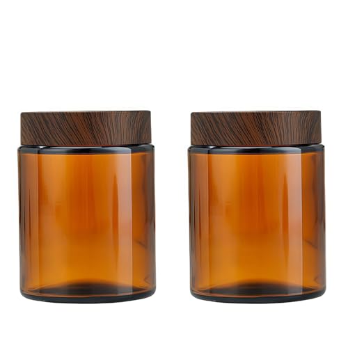 2 paquetes de tarros de vidrio ámbar de 150 ml con tapa de grano de madera negra y forros interiores, frascos de almacenamiento de cosméticos recargables para crema facial, bálsamo, loción