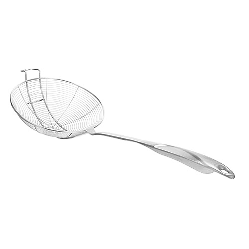 GRIRIW Stainless Steel Food Strainer Skimmer Colander for Kitchen Use for Filtering Juices Noodles and Flour Lightweight Design with Convenient Hanging