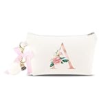 PARBEE Floral Initial Canvas Makeup Bag Zipper Cosmetic Pouch with Keychain, Monogrammed Gift for Girls Women Mom Teacher Birthday Valentine's Day Mother's Day Bridal Shower