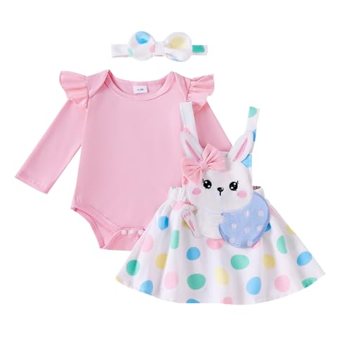 Image of Xiaodriceee Newborn Baby Girl Valentines Easter Outfit Long Sleeve Romper Suspender Skirt Overall Dress Headband