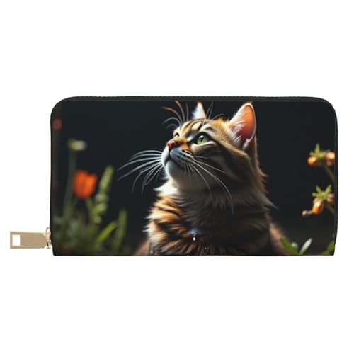 Realistic Brown Cat Print Wallet Women, Leather Bifold Multi Card Wallet, Long Purse Women's Wallets