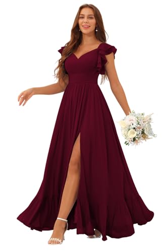 Image of Clothfun Ruffle Sleeve Elegant Bridesmaid Dresses Long Chiffon Formal Dress CYN007