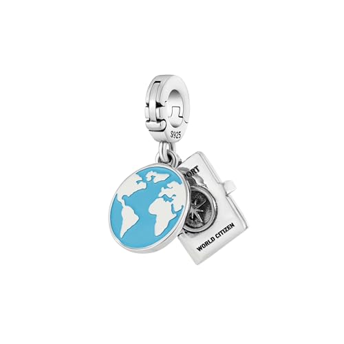 Globe Passport Keep Calm and Travel On Multi-Clasp Clip On Pendant 925 Sterling Silver Charm For Pandora & Other Charm Bracelets/Necklaces