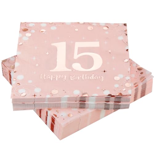 Servietten 15. geburtstag, 30 Stück Rosa Geburtstags Servietten, Happy Birthday 15 Servietten, 3-Lagig Milestone 15 Tischdekoration Papierservietten für mädchen Geburtstag Feiern Party Jubiläum
