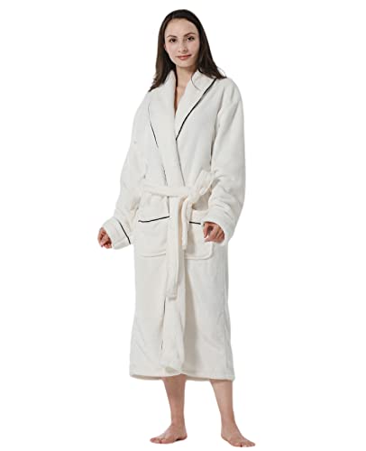 Damen Fleece Bademantel Schalkragen Bademäntel Weich Warm Spa Bademantel, Cremefarben/Weiß, Small Cover