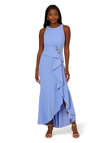 Adrianna Papell Women's Beaded Crepe Halter Gown, Electric Ice, 18