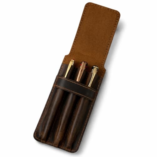 TheAntiq Genuine Leather Pen Case for 3 Pens - Handmade Premium Pen Holder Organizer with Flap Closure Slim Travel Pouch for Office Business Use 3.5 x 7- Brown