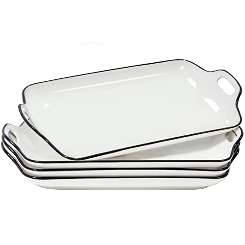 AQUIVER 12" Large Serving Platter, Serving Tray with Handles, Black Edge Serving Dishes for Party Food, Meat, Appetizer, Cake, Vegetable, Set of 4 (Creamy White)