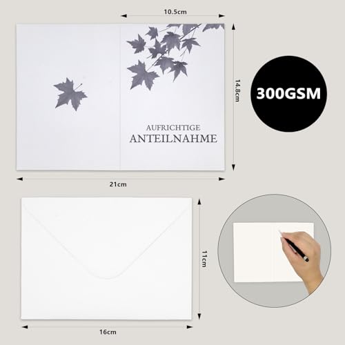 Trauerkarten mit Umschlag, 8er Set Trauerkarte/Beileids-Klappkarten 14.8 * 10.5cm mit Aufdruck, innen blank