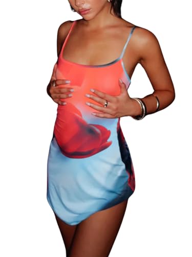 Women's Summer Spaghetti Strap Floral Mini Dress, 2025 Sexy Backless Bodycon Short Dresses for Beach, Vacation & Party