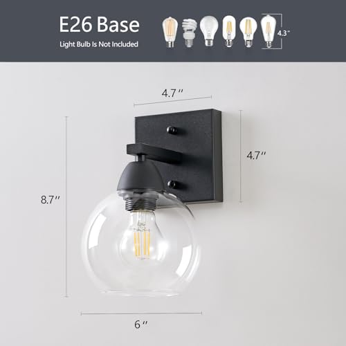 Image of Bathroom Light Fixtures, 1-Light Matte Black Vanity Light with Hand-Blown Globe Glass Shade, High Clarity & Durable, Wall Sconce for Mirror, Kitchen, Bedroom, Hallway-2P