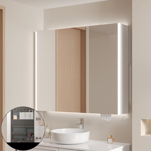 TSYORHSC Gabinete de Espejo de tocador LED para baño, gabinete de Espejo montado en la Pared de Madera Maciza, gabinete de Pared de baño Moderno con luz de Sensor Inteligente, botiquín LED con Luces,