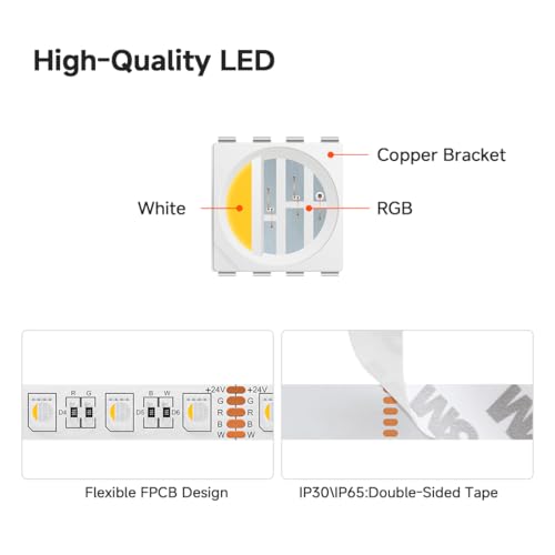 Image of BTF-LIGHTING RGBW LED Strip Lights,UL Listed,5050 4 Colors in 1 RGB + 6000K-7000K Cool White,12V DC,16.4ft /5m 60LEDs /m 12mm White PCB,IP30 for Home Decoration(No Adapter or Controller) (Pack of 2)