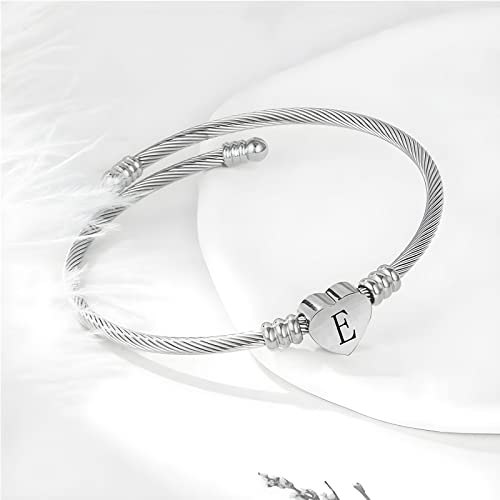 KunBead Jewelry Women Girls Initial Letter Cuff Bracelet Silver Alphabet Love Heart Bangle Bracelets Gift for Birthday Stainless Steel - Image 3