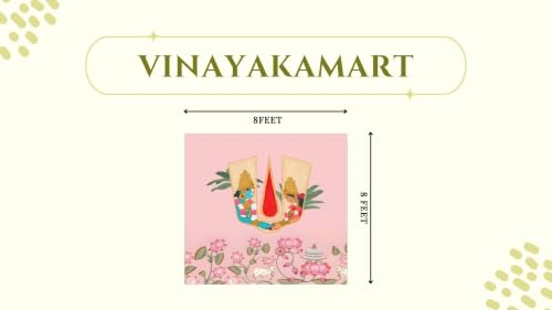 Image of Light Pink Background with a Central Sacred Namam with Lord Venkateswara and Padmavathi Holding Hands, Big Pink Lotuses, White Cows, and a Temple Dome Backdrop 8x8 Feet | varalaxmi vratham Backdrop