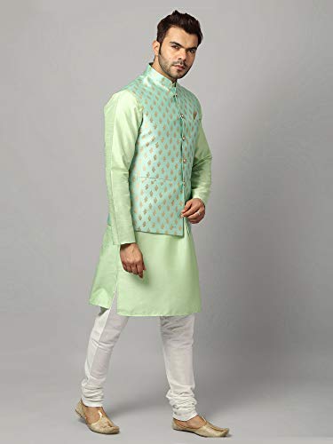 Image of Uri and MacKenzie Men's Silk Blend Kurta Churidar Pyjama with Stylish Nehru Jacket