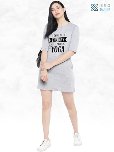 Image of STATUS MANTRA Women's Long T-Shirt Dress - Cotton Casual Knee Length Dress with 3 /4 Sleeves | Soft Bio-Washed Fabric, Crew Neck, Relaxed Fit | Comfy Summer Lounge Wear