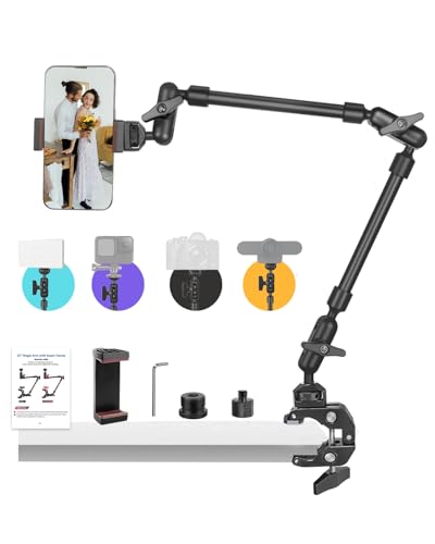 JEBUTU 22' Magic Arm w Clamp, Overhead Phone Mount, Desk Camera Mount w Articulating Friction Boom Arm Thread Adapter, for Phone Video Light Webcam Microphone Action Camera Content Creators