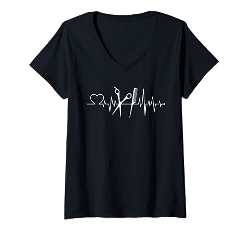 Womens hairdresser hairstyle heartbeat haircut hair salon V-Neck T-Shirt, Black