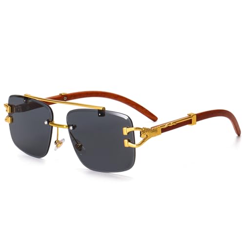 Dollger Rimless Rectangle Sunglasses for Women Men Stylish Hip hop Frameless Double Bridge 90s 2000s Designer Shades Leopard Wooden Arms Tinted Lens Y2K Square Aviator Glasses(Black)