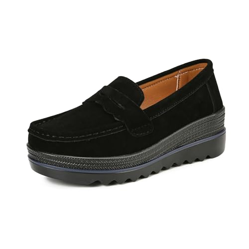 Image of Ruiatoo Women's Slip-On Platform Loafers Suede Wedge Mocs Low-Top Lightweight Casual Office, Travel, Daily Walking Shoes