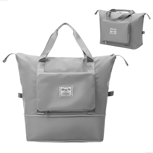 Bolsa de Viagem Dobrável e Expansível com Encaixe na Mala Bagagem de Mão 42x22x28 Tecido Oxford Bolsa de Academia e Treino (Cinza)
