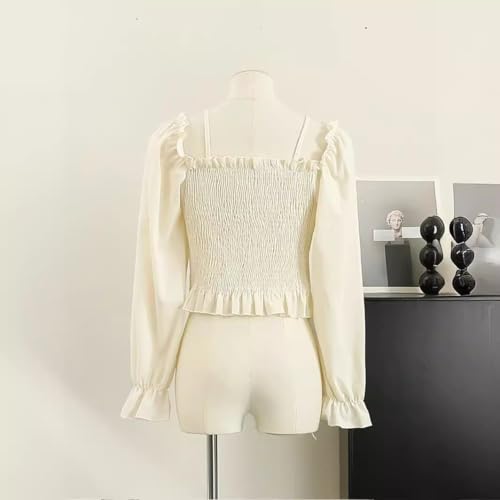 Image of ICW Women Korean Retro Style Vintage Floral Jacquard Lace-Up Off-The-Shoulder Smock Puff Sleeve Ruffled Crop Blouse Corset Top Dn81 (One Size XS-S) 2403