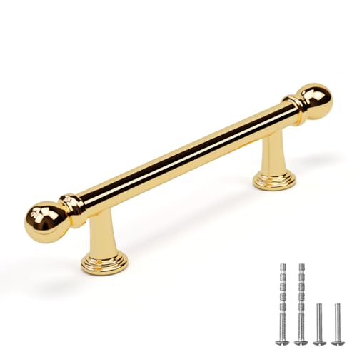 YAGU 10 Pack Polished Brass Kitchen Cabinet Pulls 3 Inch(76mm) Hole Center Solid Shiny Gold Dresser Drawer Handles Furniture Hardware for Cupboard Wardrobe Closet Vanity