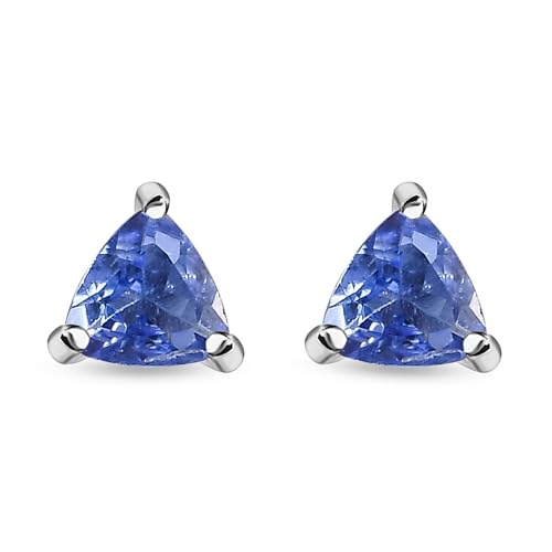 Image of TJC Tanzanite Birthstone Stud Earrings for Women 925 Sterling Silver 14K Yellow Gold Plated, Trillion Cut Tanzanite Earrings, December Birthstone Jewellery, Hypoallergenic Tiny Studs