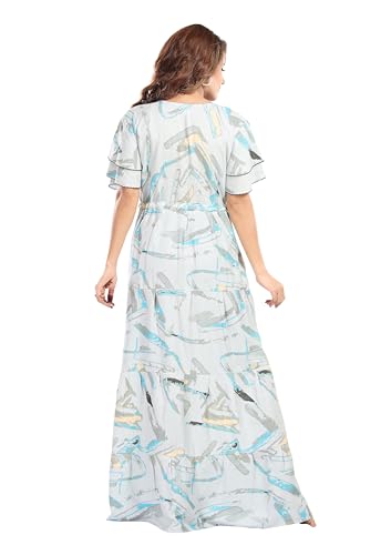Image of NIGHT SHADES | Alpine Frock Style Designer Nighty |Women's Abstract Print Maxi Dress | Ruffle Sleeve |Cotton Blend| Women Nighty | Nighty for Women | Gown |