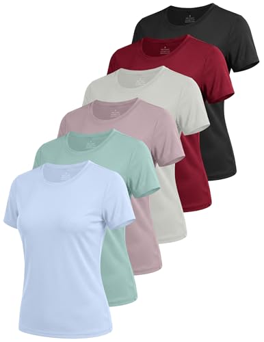 Image of 6 Pack Workout Tops for Women Short Sleeve Athletic Quick Dry T Shirts | Lightweight, Quick Dry, UPF UV Protection, Breathable, Crew Neck Tee, for Tennis, Yoga, Running, Gym, Fitness, Daily Wear