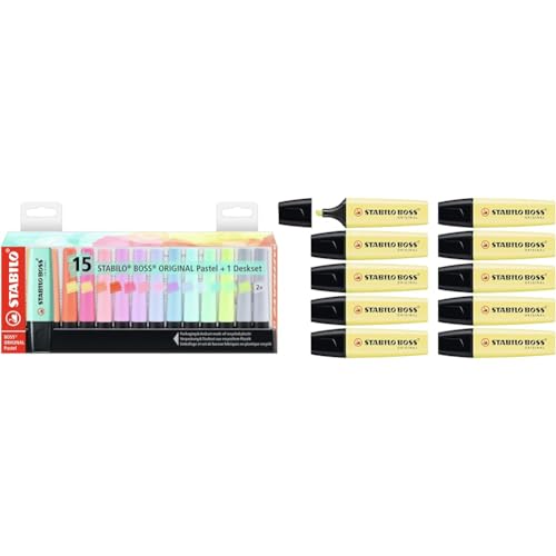 STABILO Marcador BOSS ORIGINAL Pastel - Set de mesa con 15 colores & Rotulador boss pastel fluorescente 70 amarillo cremoso
