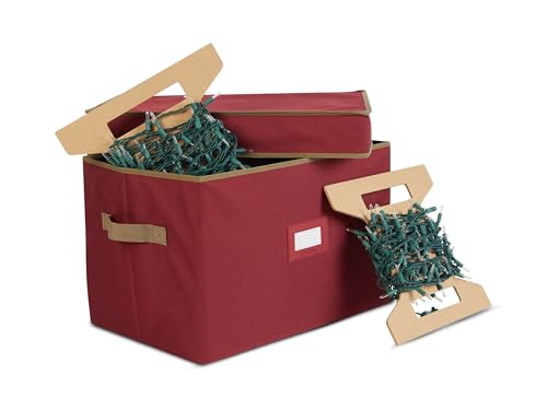 Covermates Keepsakes Christmas Light Storage Box – Heavy-Duty Polyester with Reels & Carrying Handles – Protect Holiday Lights with Sturdy Interior Walls & ID Window, Red