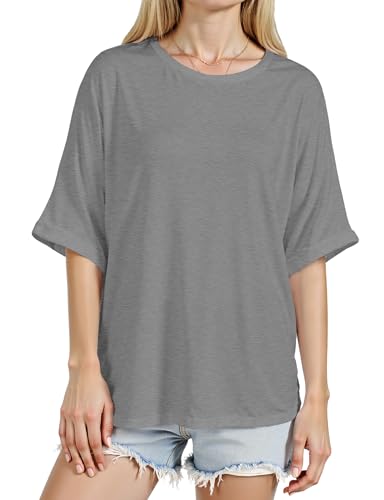 Buauty Womens Oversized Short Sleeve Tshirt, Plus Size Tops Loose Basic Crew Neck Tee, Summer Business Casual Top 2025 Trendy Grey