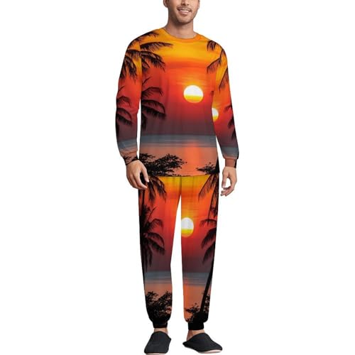 Beach Sunset Palm Tree Landscape Men’s Pajama Set Long Sleeve Top And Pants Loungewear Sleepwear Pjs Nightwear