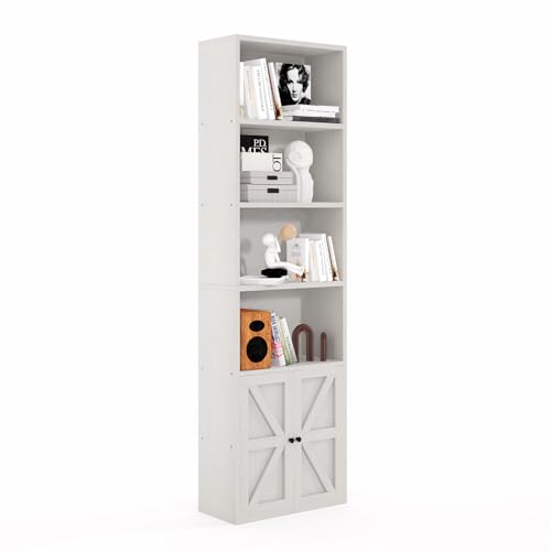 MXV 6 Tier 71\" Tall Wooden Bookshelf&Bookcase with Doors, Storage Shelves Organizer, Floor Standing Modern Display Cabinet Shelves, Home Decor Furniture for Home Office, Living Room, Bedroom, White - Thumbnail 3
