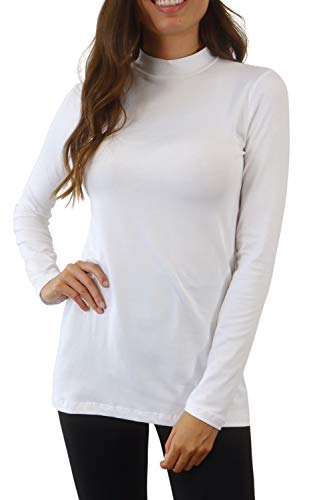 Pure Look Women's Long Sleeve Mock Neck Cotton Classic Turtleneck T-Shirt, 1X, White