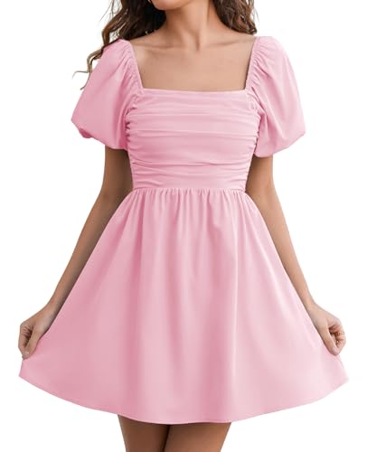 Image of Women Puff Sleeve Graduation Short Dress | Square Neck A Line Casual Sundress Beach Wedding Guest Mini Dress