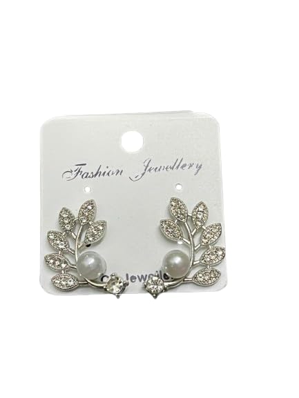 Silver Leaf Pearl Earrings with Crystal Stones Floral Design-picture-35