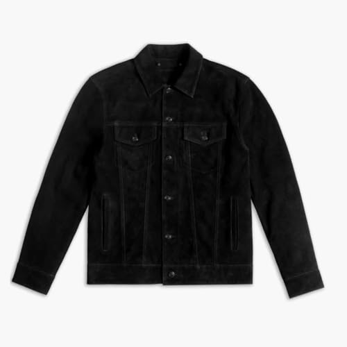 Image of Isaac & David Chicago Men's Vintage Trucker Suede Leather Jacket - Denim Biker Cafe Racer Causal Western Cowboy Jacket