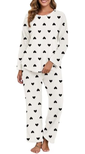 PrinStory Pyjama Damen Fleece Schlafanzug Lange Flanell Pyjama Rundhals Nachtwäsche Langarm Oberteil Und Weites Bein Hose (Cc Weiß Schwarzes Herz,...